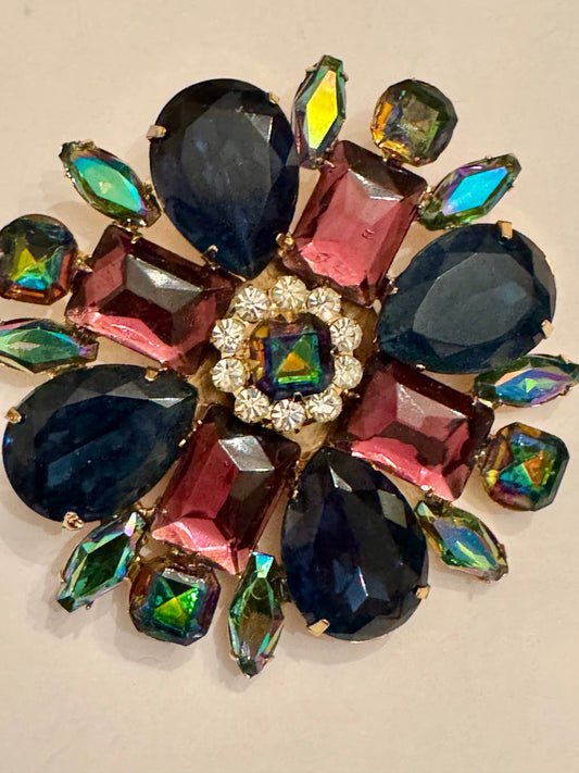 Beautiful signed KJL vintage colored rhinestone brooch with watermelon stone center