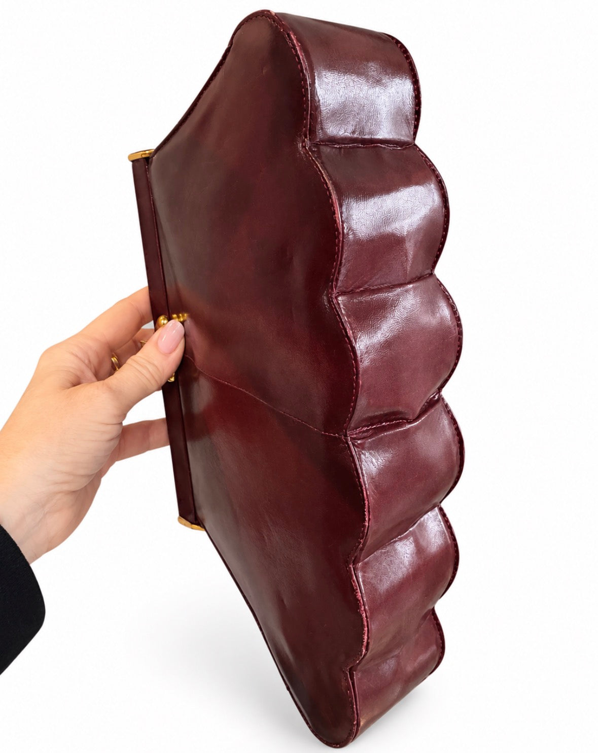 Gorgeous vintage dark burgundy leather Charles Jourdan scallop bottom clutch