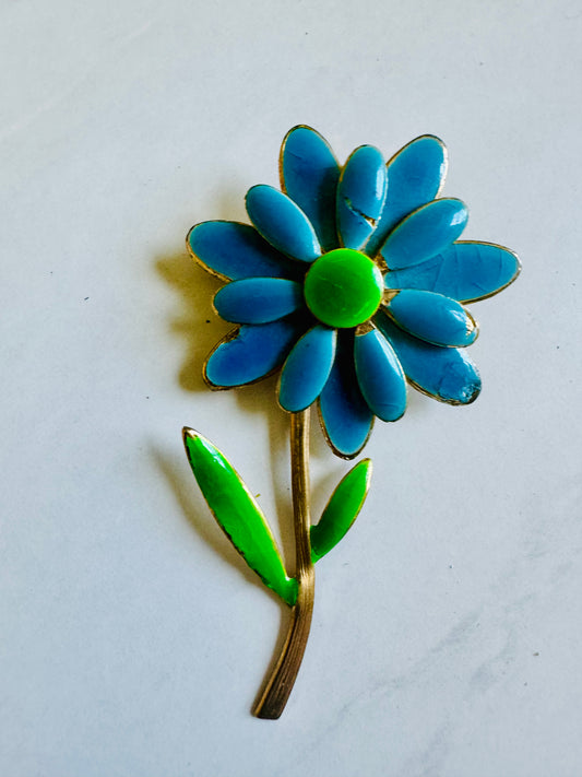 Blue and green vintage flower brooch