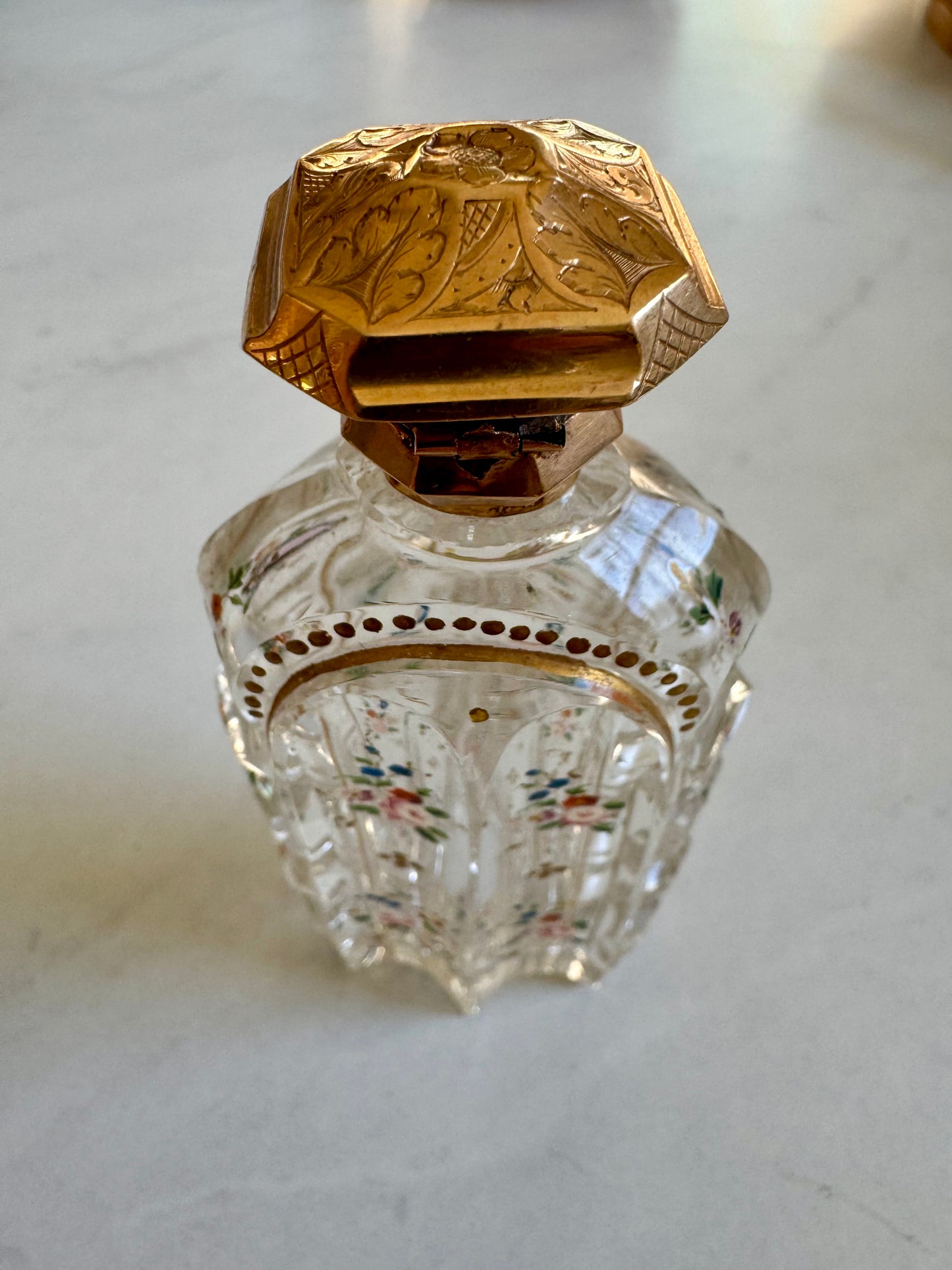 Amazing 1920's etched perfume bottle with 14k gold etched top and hand painted flowers