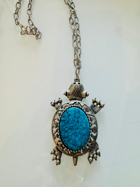 1970s silver tone turtle with turquoise "shell"