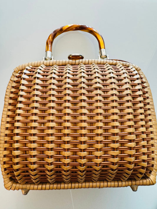 1950s tan wicker bag with lucite top