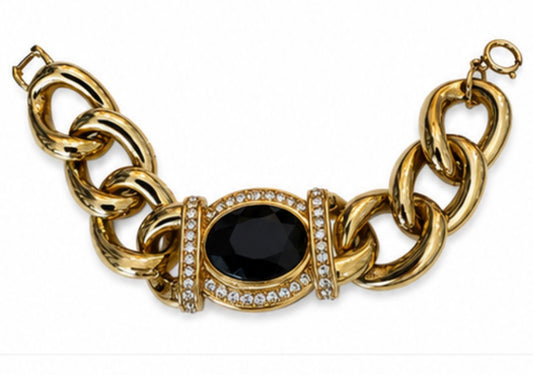 1980s chunky Ann Klein gold tone link bracelet with black cabochon and rhinestones