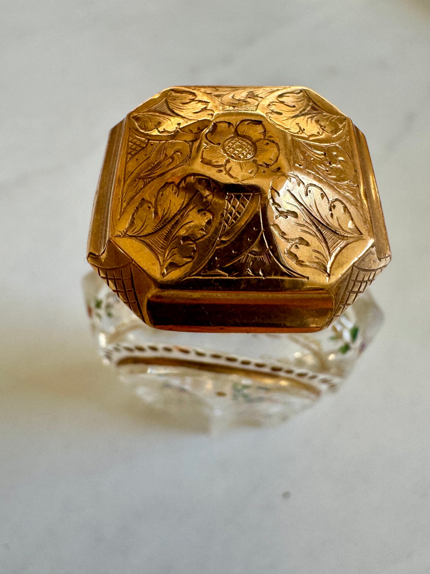 Amazing 1920's etched perfume bottle with 14k gold etched top and hand painted flowers