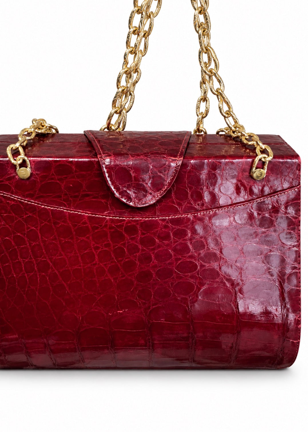 Gorgeous 1960s exotic skin leather box bag in a gorgeous burgundy with long gold chain