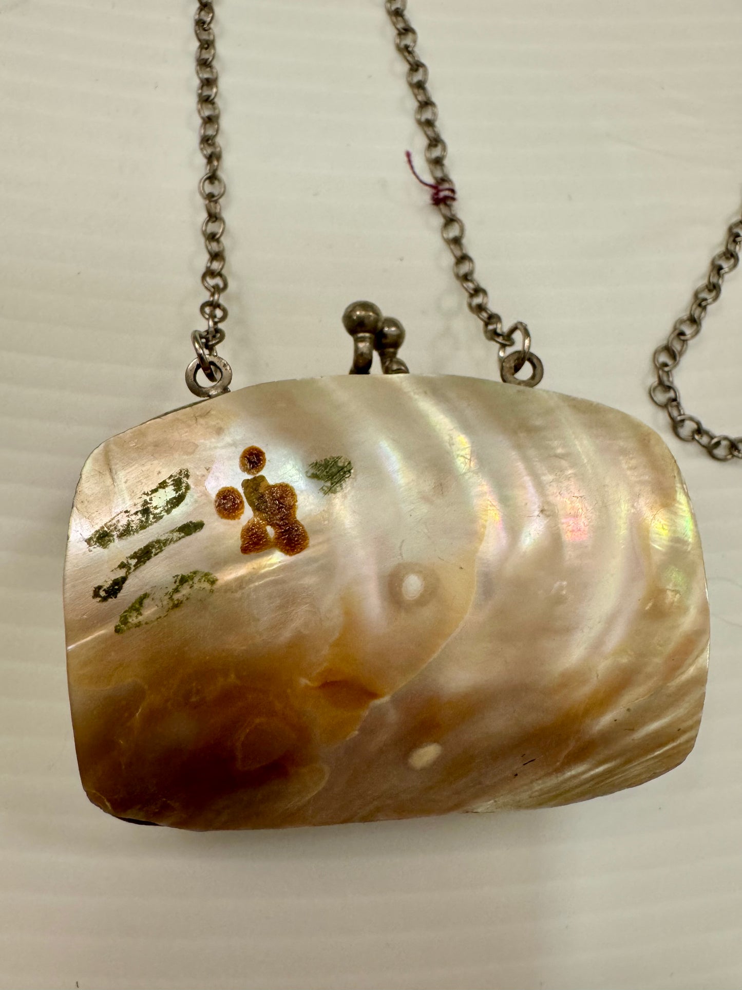 1930s sterling mother of pearl hand painted coin purse necklace