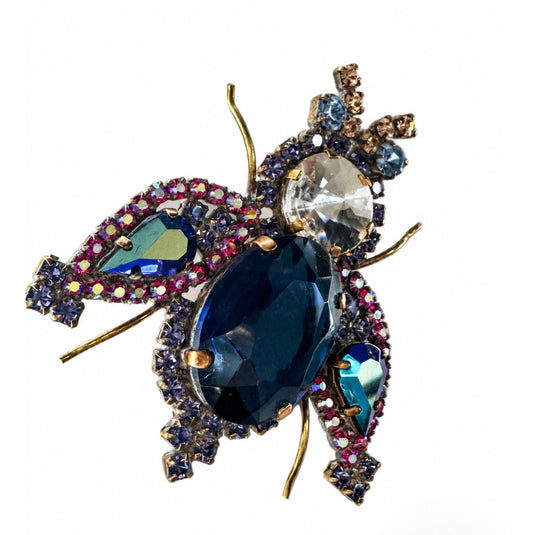 Beautifully crafted oversized vintage Czech glass signed by Husar D rhinestone bee brooch with red aurora borealis and shades of blue rhinestones