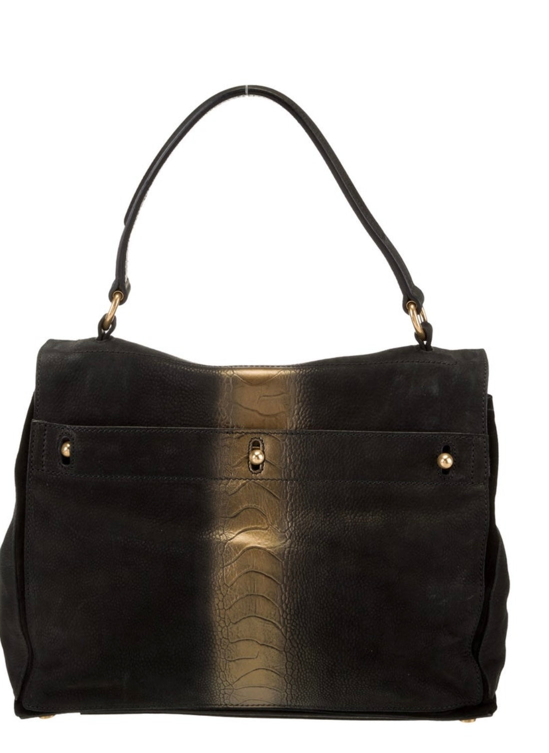 Yves St Laurent leather handbag in black with gold color block top handle