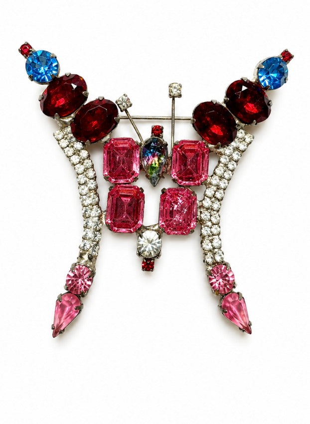 Beautiful 1950s butterfly brooch with red pink blue and clear glass rhinestones