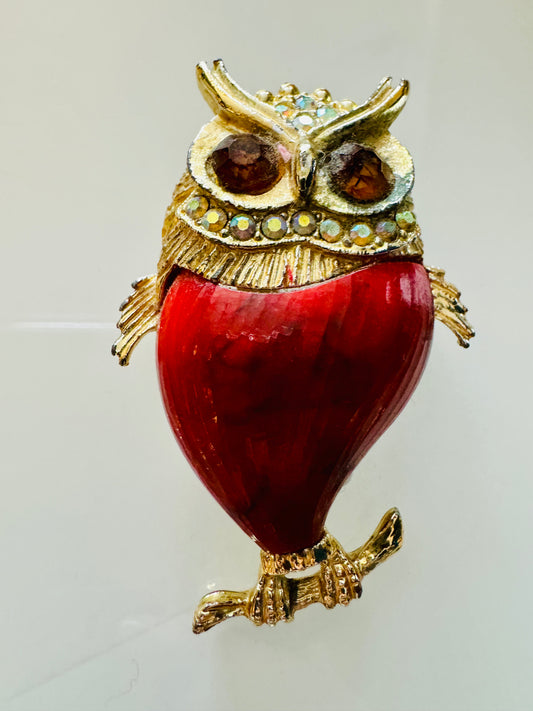 Wise guy Owl brooch with rhinestones and enamel