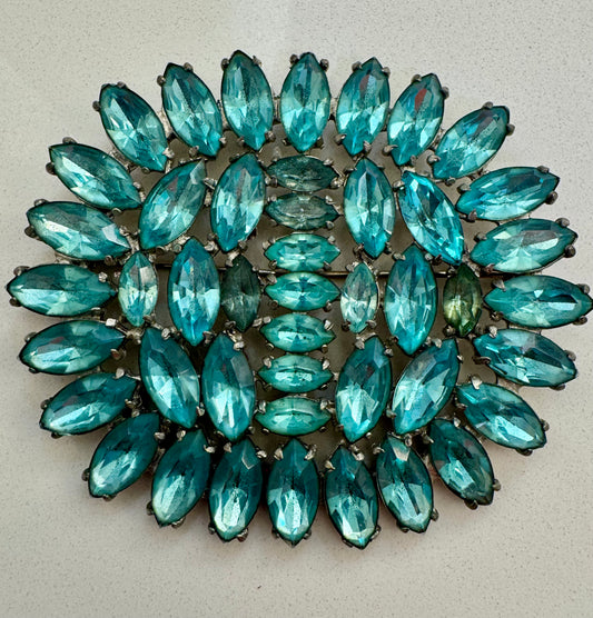 Vintage jumbo 1950s aquamarine rhinestone brooch. Sourced in Savannah.