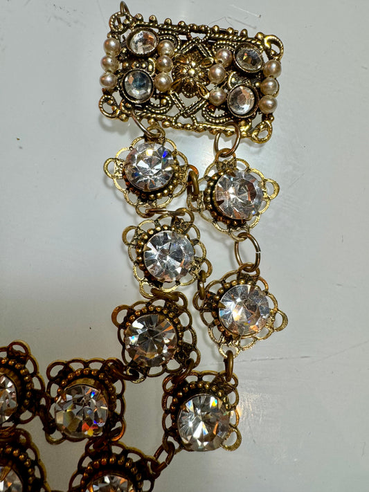 Double stranded 1940s gold tone filagree with rhinestone bracelet