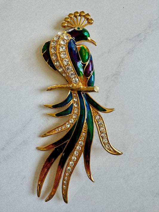 Jumbo peacock brooch with enamel and rhinestones