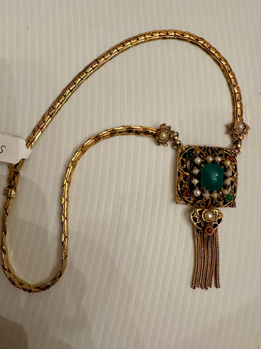 Vintage 1940s gold tone necklace with dangle pendant, pearls and stones