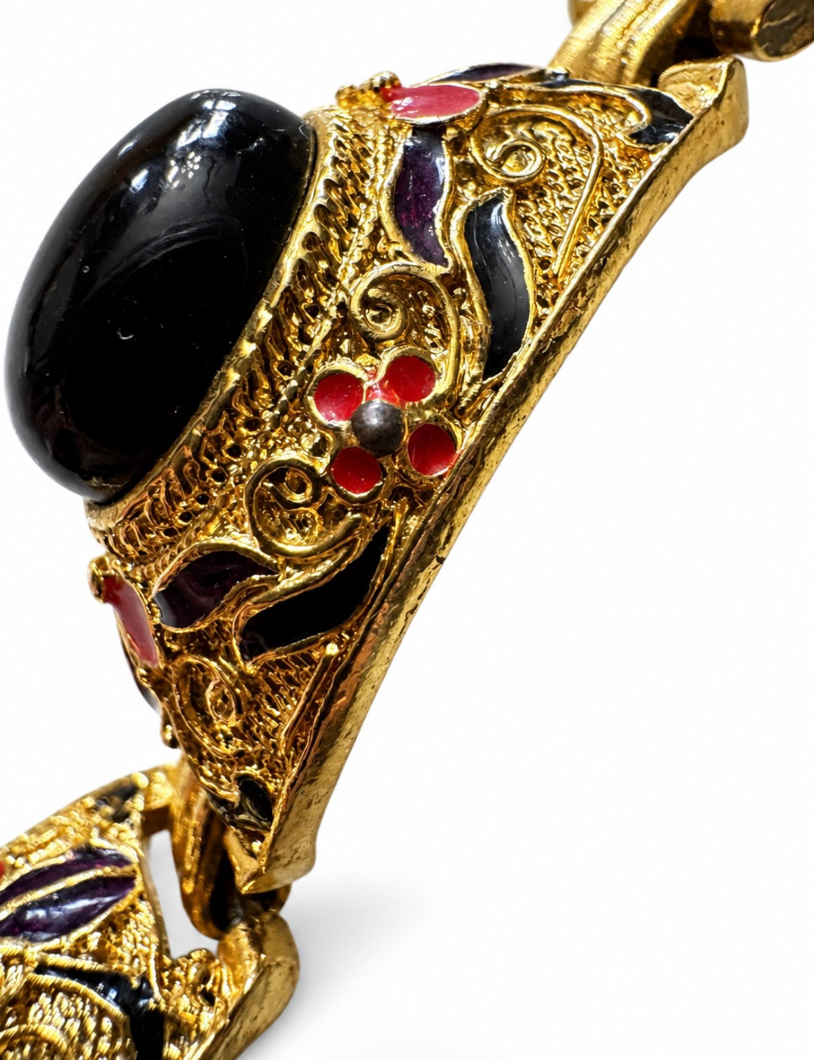 Gorgeous 1960s black cabochon with red enamel link bracelet