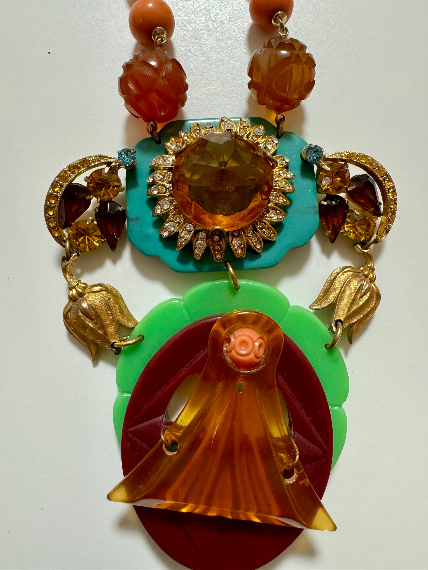 2000s LuLu Frost pendant necklace made from vintage jewels and bakelite buckles