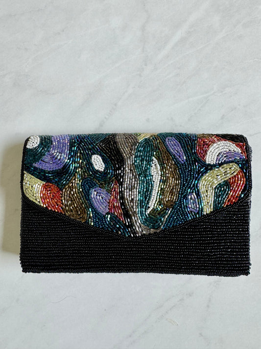 Beautiful black beaded clutch with multi colored beading
