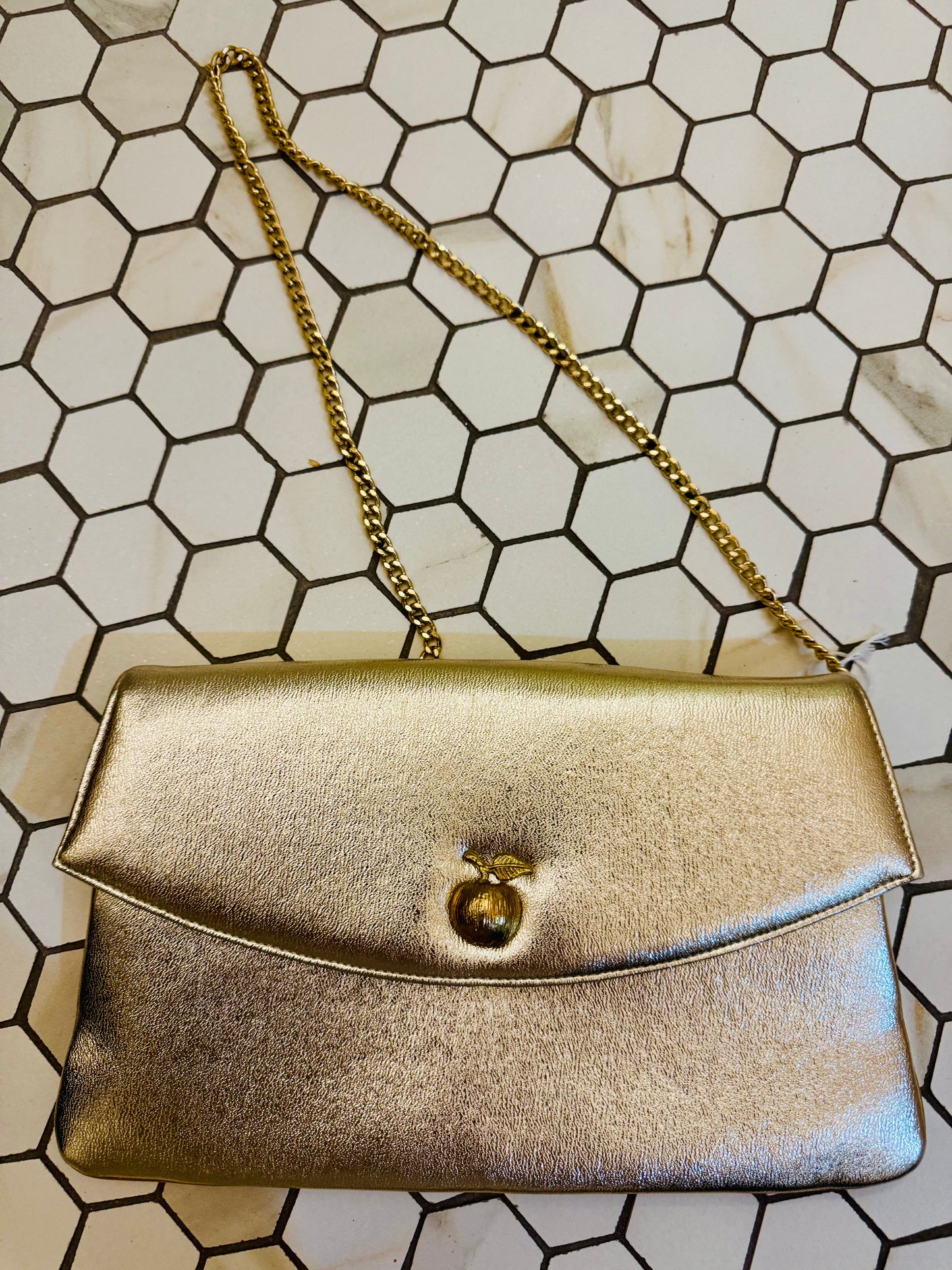 Vintage 1970s gold clutch/ shoulder strap with apple