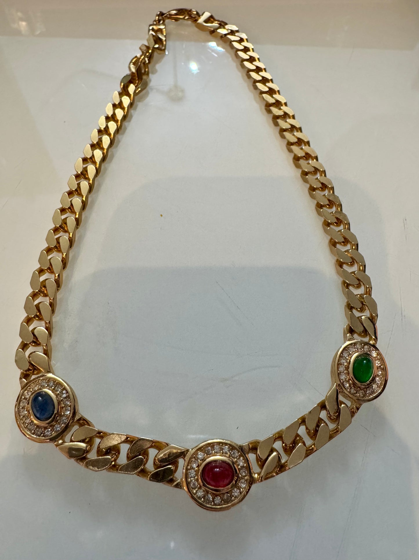 1990s vintage signed Dior gold tone necklace with Red, Blue and Green stones