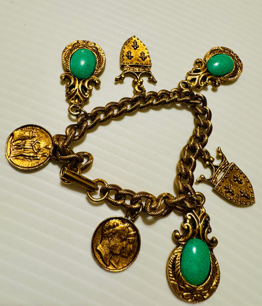 Vintage Gold Tone Heraldic
Coin Shield Coat Of Arms Charm Bracelet, 1950's/60s