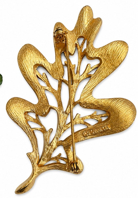 1970s jumbo signed SARAH Coventry leaf brooch in gold tone and green enamel