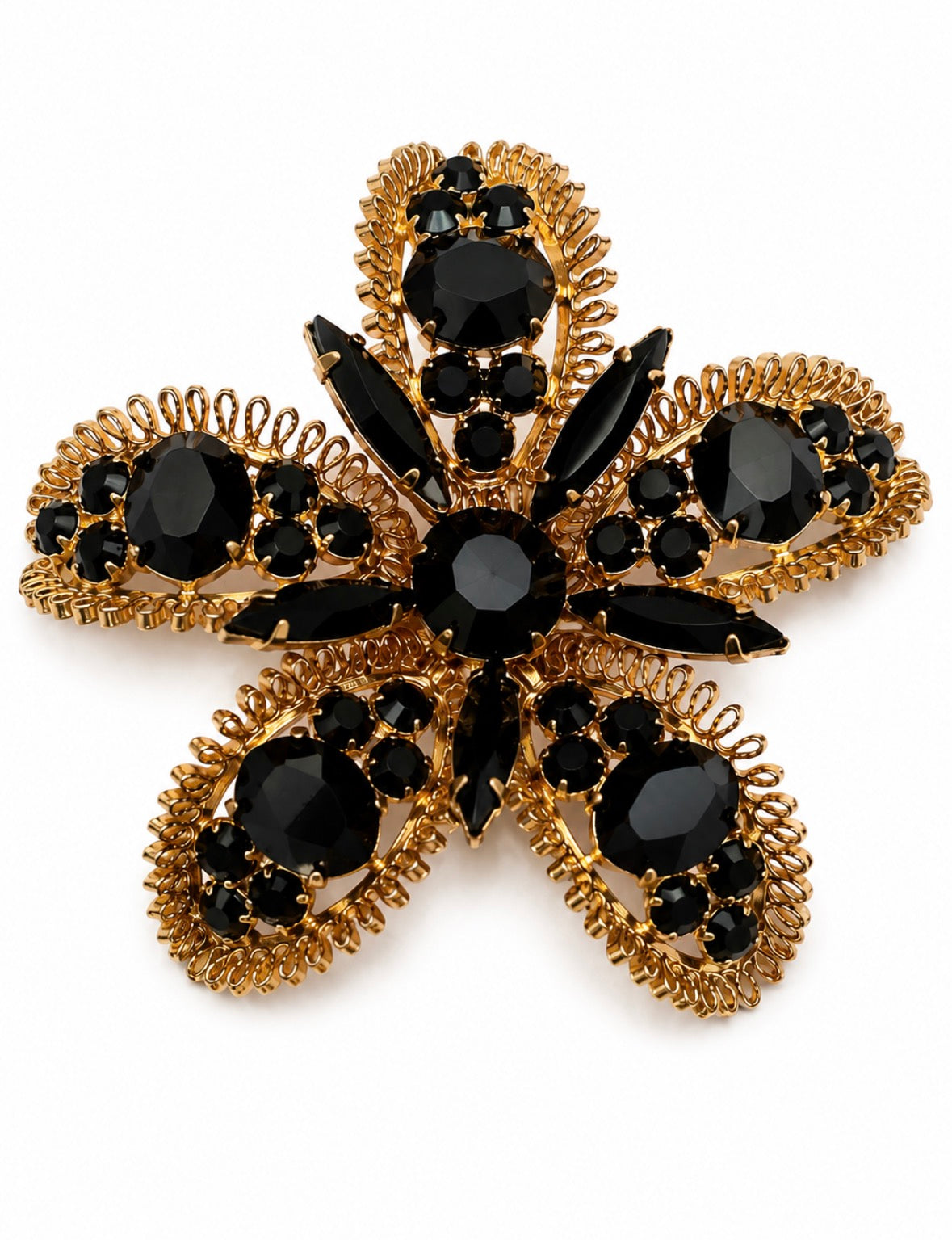 Vintage Jet Rhinestone Floral Brooch, c. 1960 signed Austria