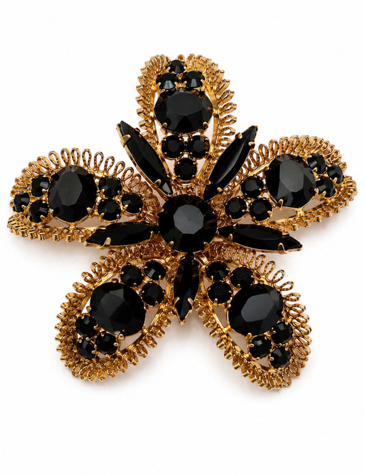 Vintage Jet Rhinestone Floral Brooch, c. 1960 signed Austria