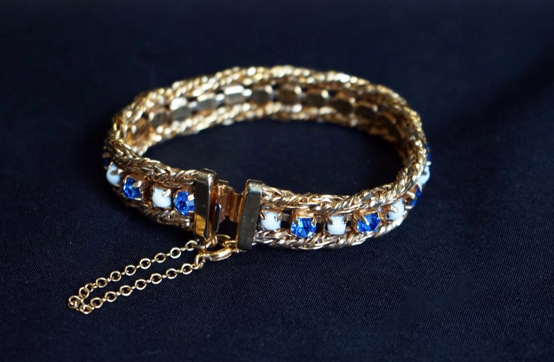 1940s Hattie Carnegie delicate bracelet with clear crystal and blue rhinestones