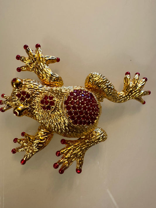 Amazing vintage signed gold tone frog brooch with red rhinestones and movable arms and legs