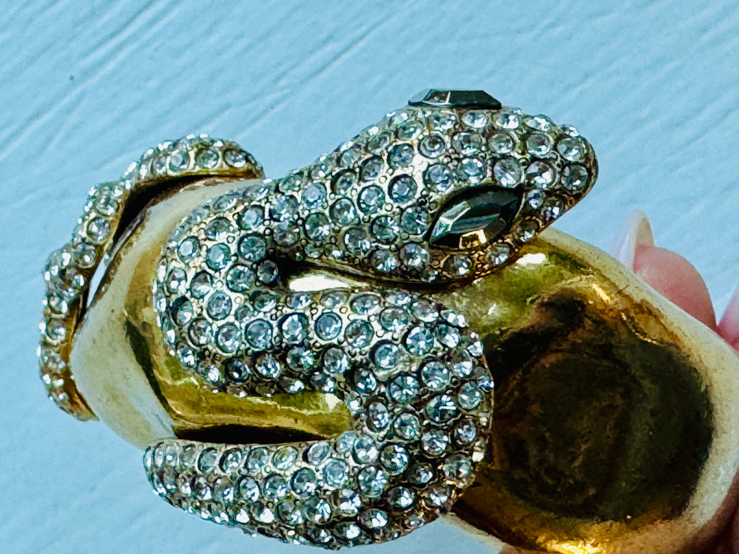 Vintage rhinestone snake bangle bracelet with grey/black rhinestone eyes