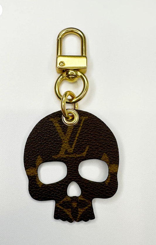Upcycled authentic Louis Vuitton made into bag charms/key rings. Choose black or red backing. Brass hardware.