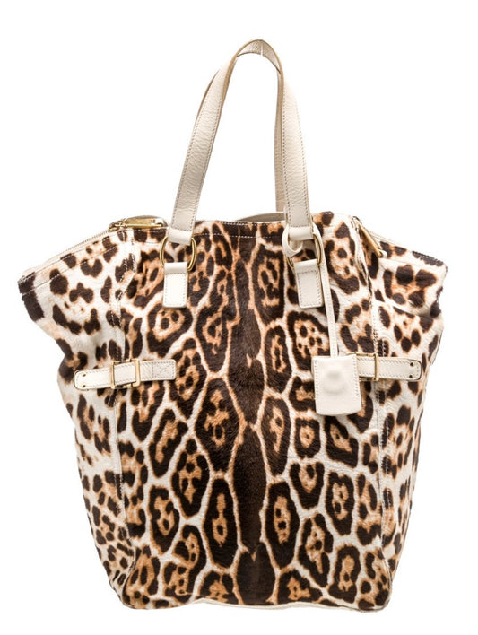 Yves Saint Laurent Rive Gauche Tote in leopard print  Ponyhair with ivory leather handles and bottom with 
Gold-Tone Hardware