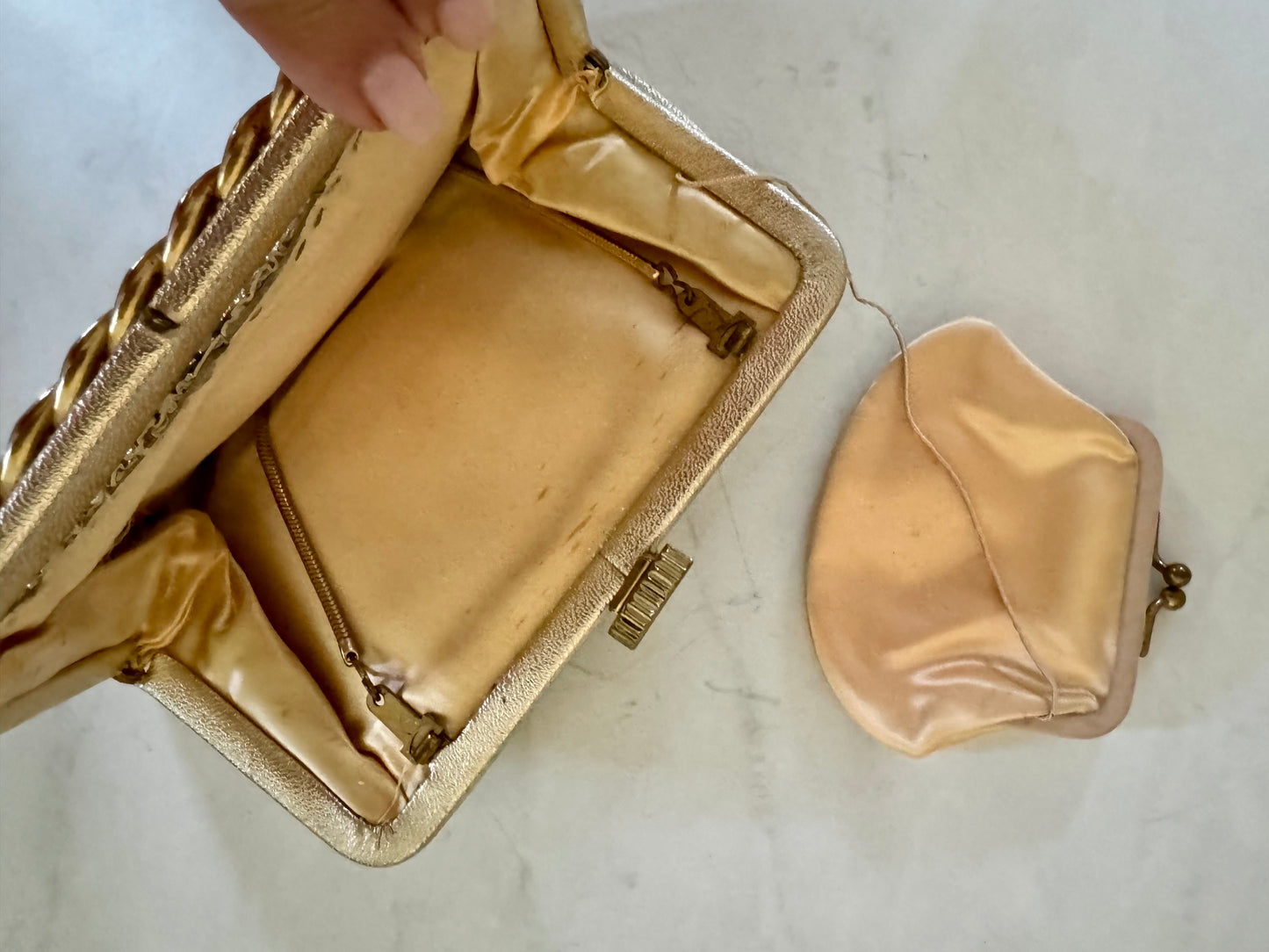 1950s gold clutch with chain and mini coin purse