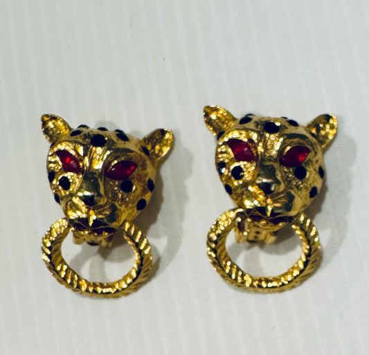 Vintage KJL Kenneth J Lane tiger goldtone clip earrings with black enamel and red rhinestone eyes