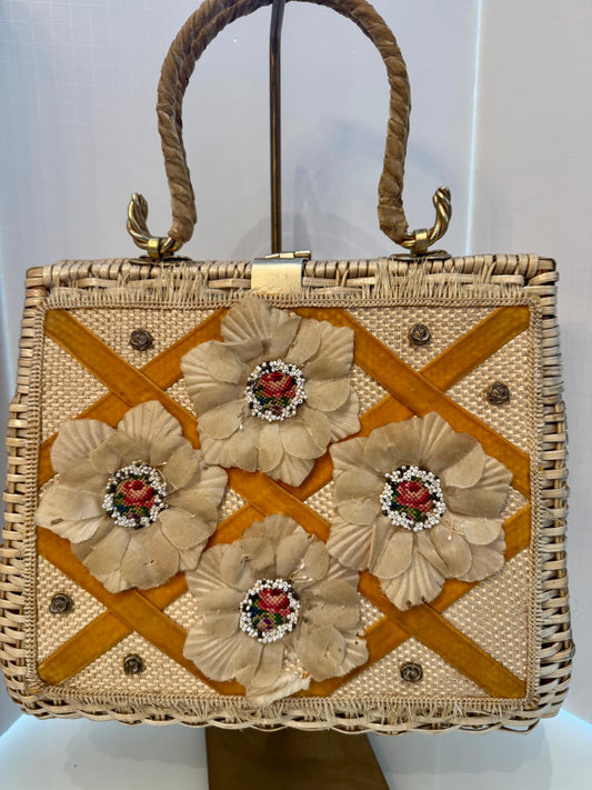 Vintage 1950s beige wicker handbag with fabric and beaded flowers and mustard yellow ribbon