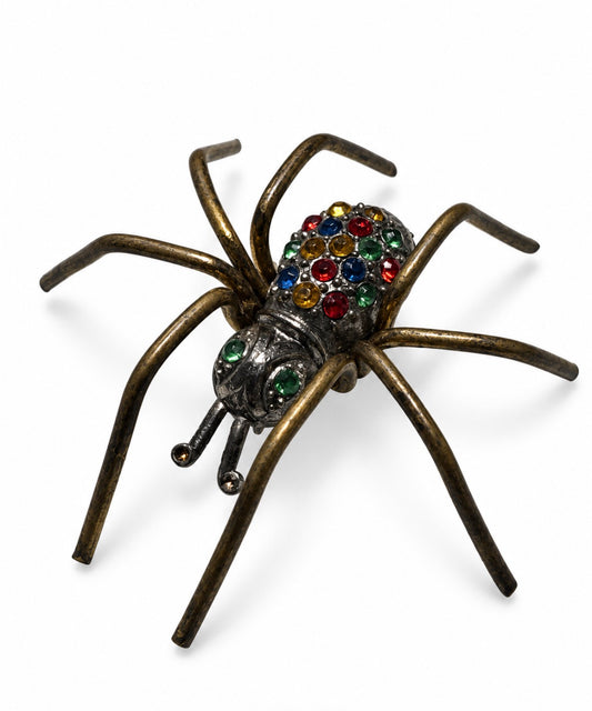 Vintage Czech 3D spider brooch with colored rhinestone body and eyes