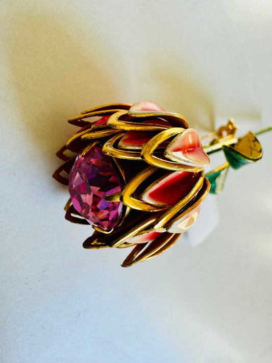 Flower tulip brooch with stem and rhinestone center among the gold tipped petals