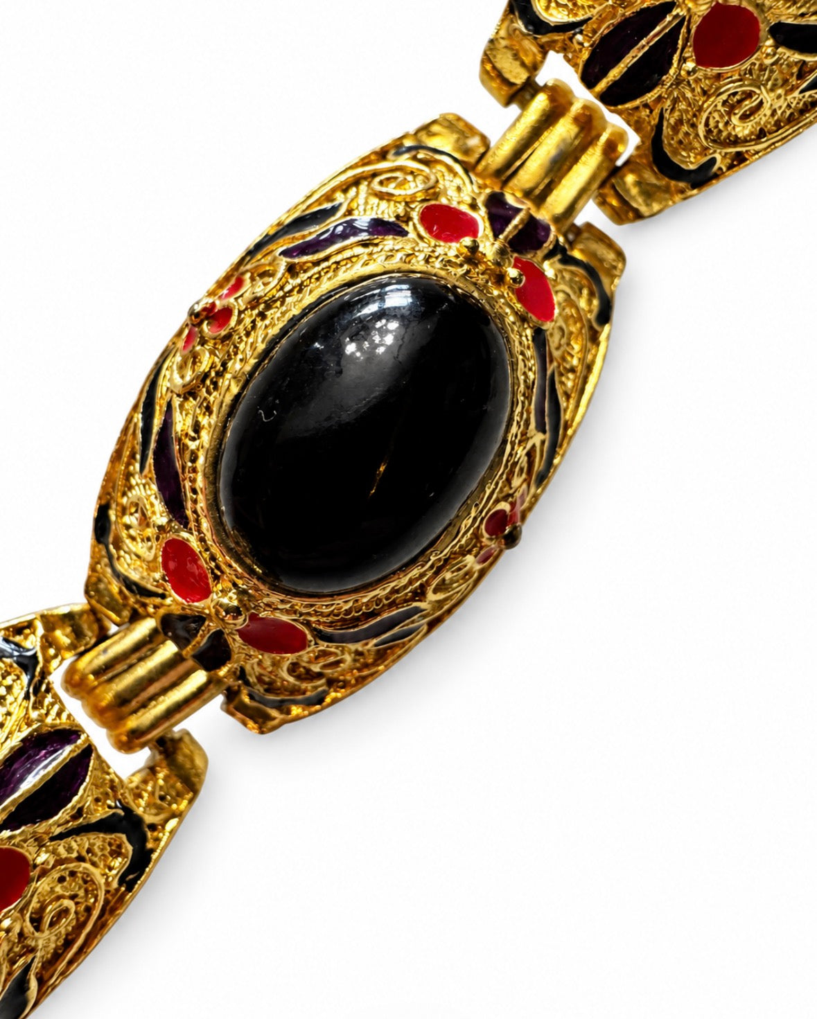 Gorgeous 1960s black cabochon with red enamel link bracelet