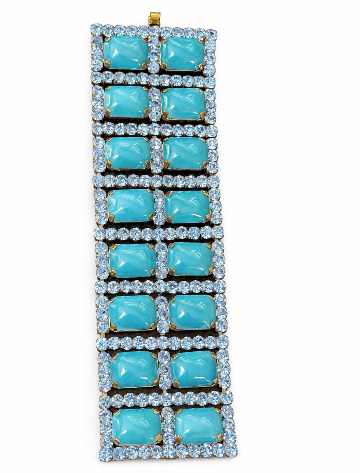 Absolutely stunning chunky signed Husar D Czech glass turquoise cabochon and blue rhinestone bracelet
