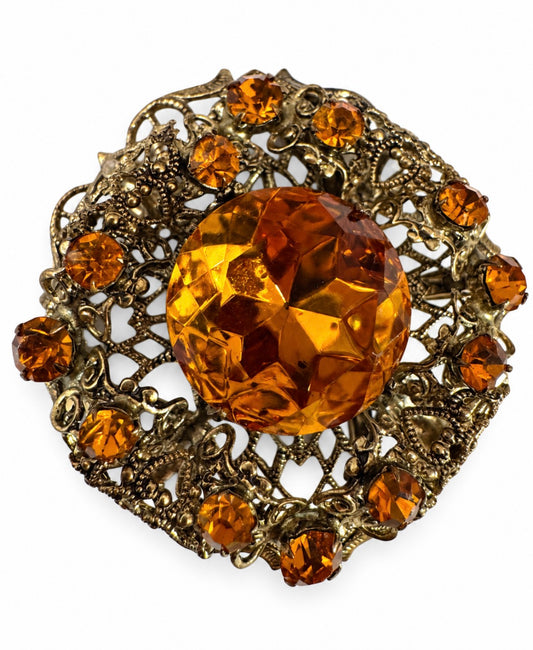 Beautiful 1950s signed Czechoslovakia amber colored filagree brooch/pendant