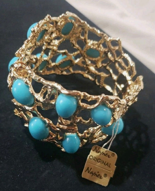 Vintage 1960s Napier Gold Tone Faux Turquoise Cabochon Hinged Cuff Bracelet with original tags