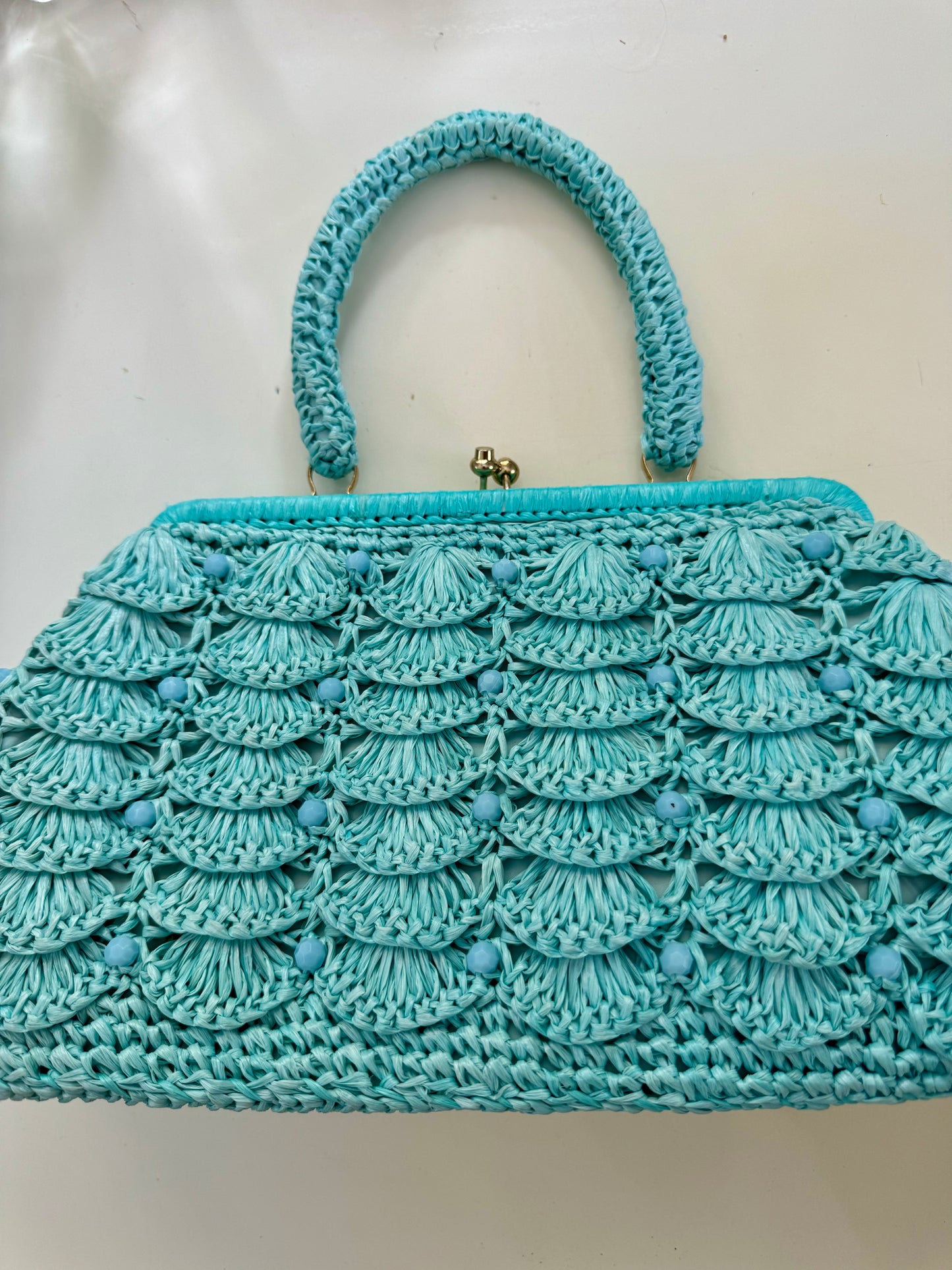 1960s scalloped turquoise raffia top handle handbag with bead detail