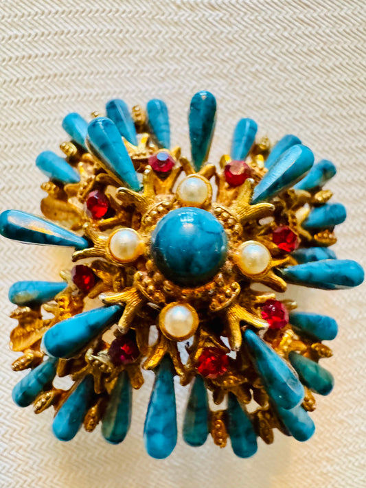 Stunning signed vintage HAR brooch with pearls, red rhinestones and turquoise