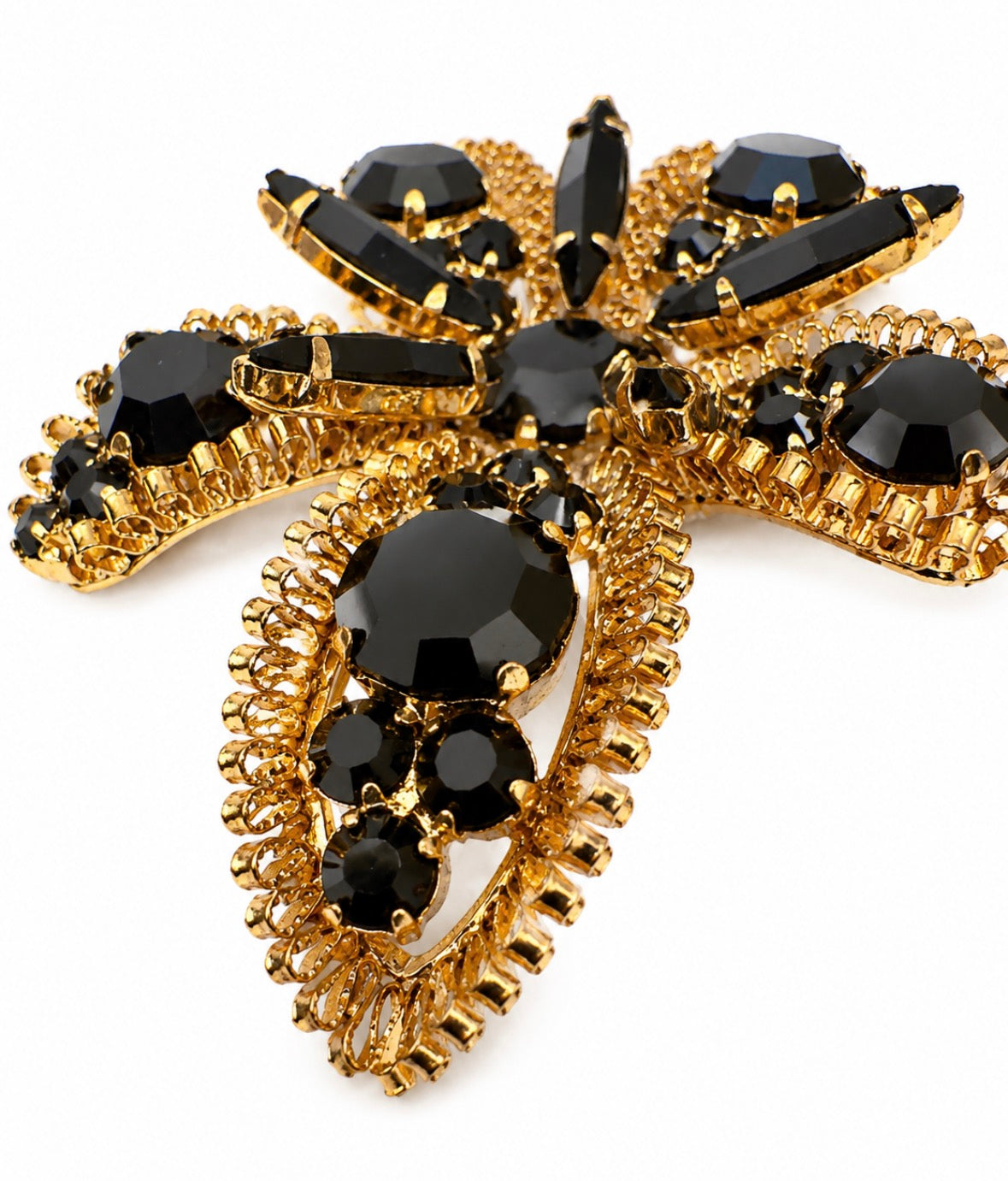 Vintage Jet Rhinestone Floral Brooch, c. 1960 signed Austria