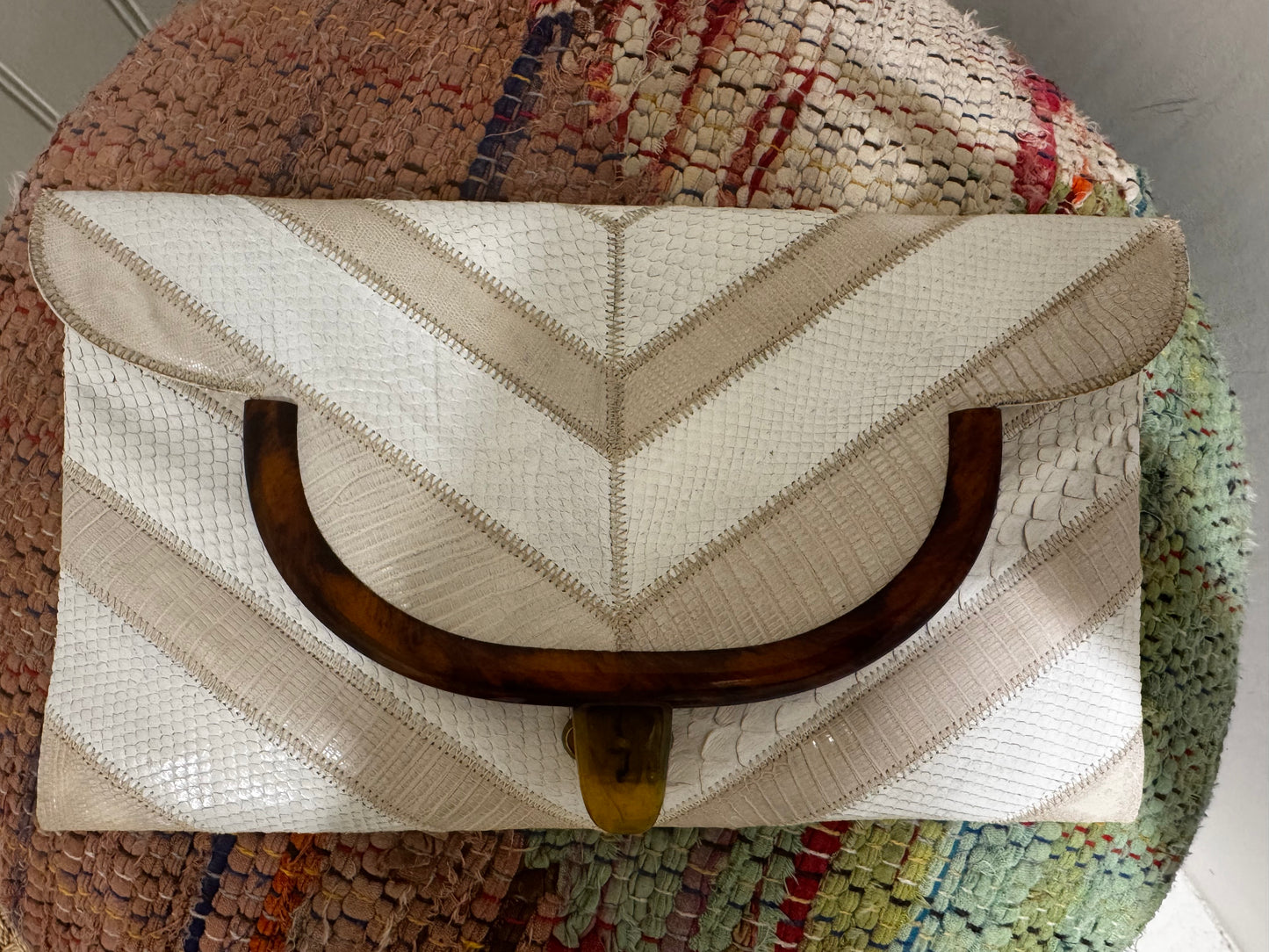 Vintage Varon chevron ivory and white clutch