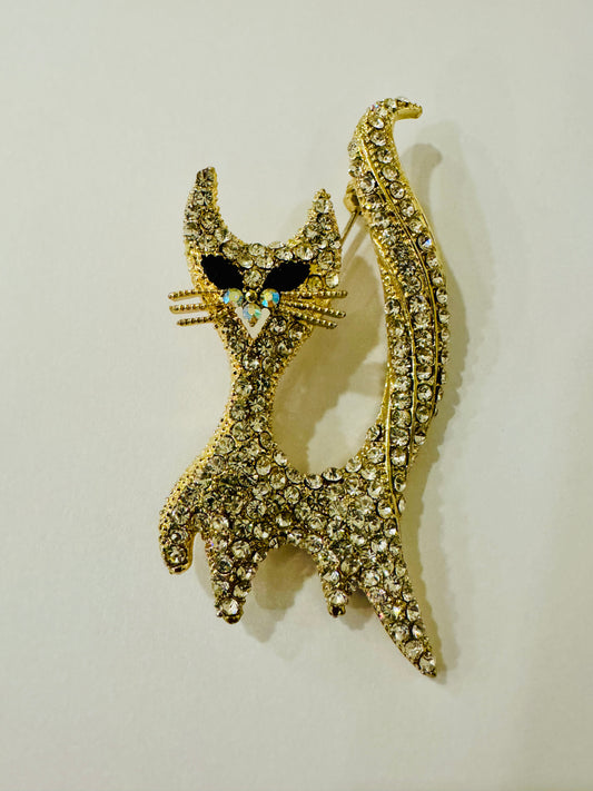 Vintage rhinestone gold tone kitty cat brooch