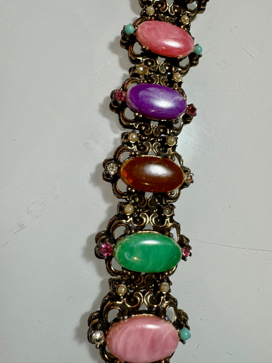 1950s gorgeous bracelet with multi colored stones and rhinestones and pearls. Oscar worthy!