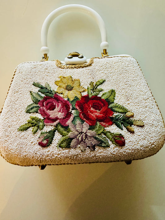 Gorgeous 1950s Adele Original beaded and petit point top handle white wicker bag