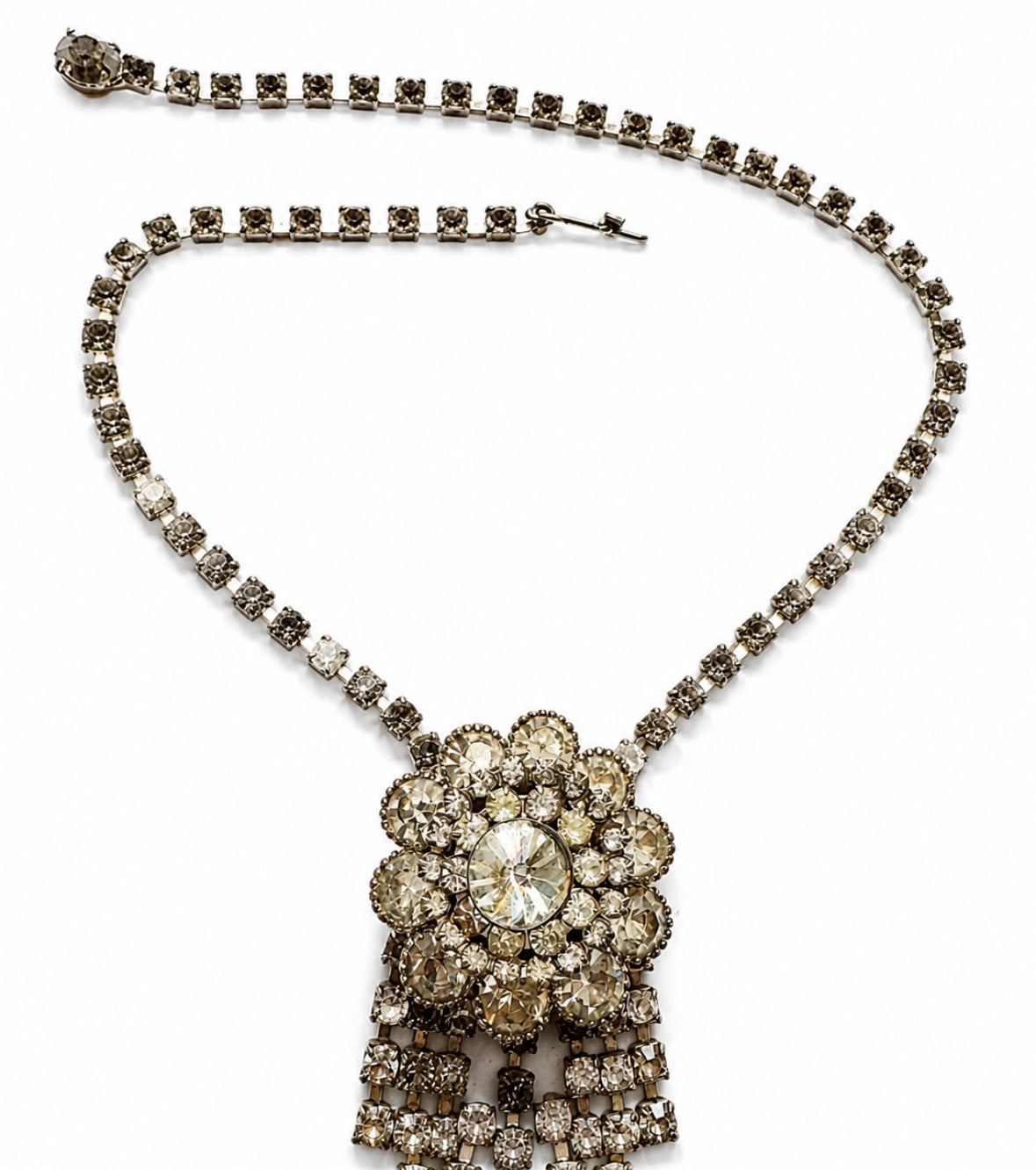 1940s very RARE rhinestone tie necklace. It's the actual length of a regular tie! Rhinestone flower at the top