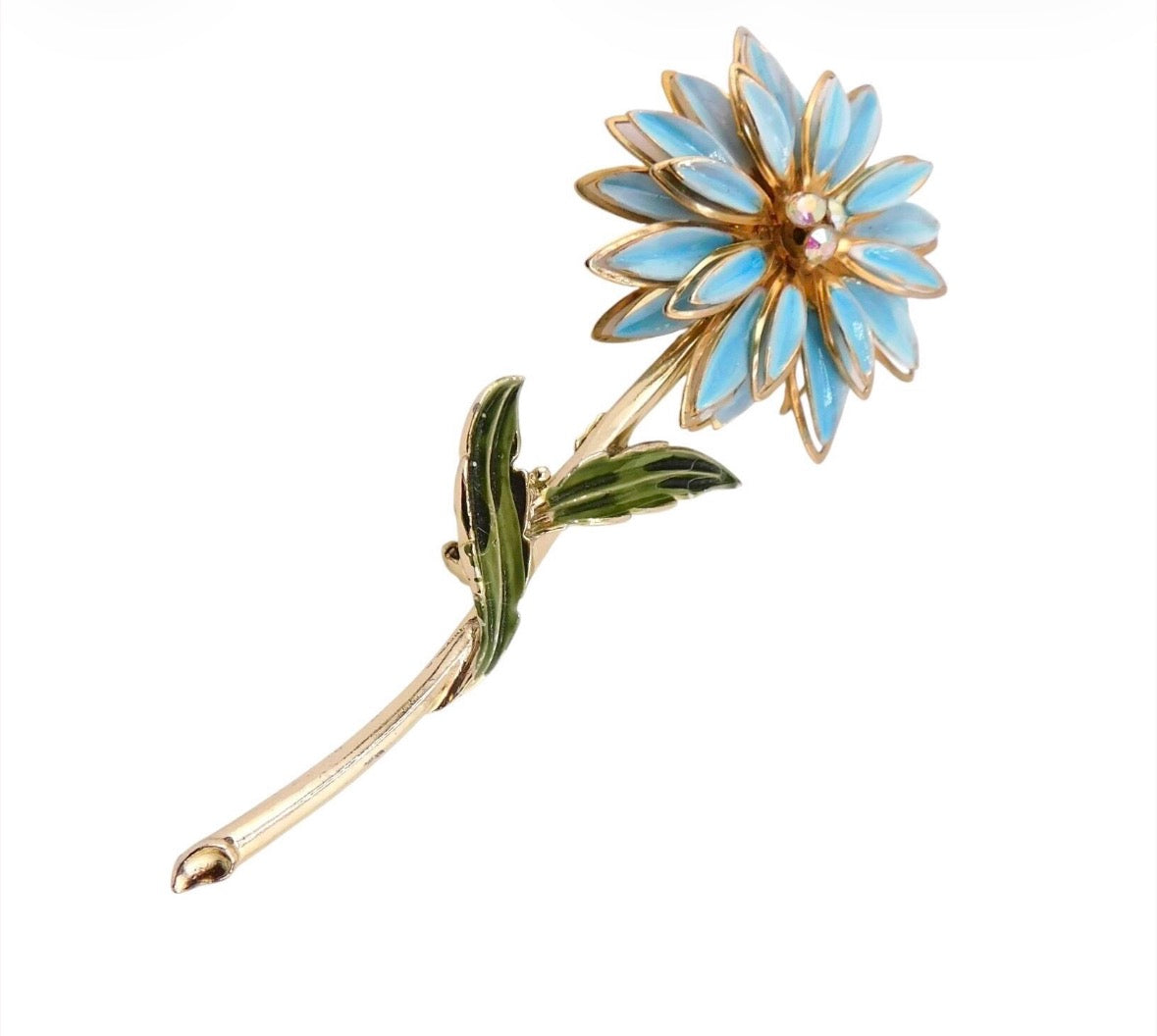 Vintage 1960s Gold tone flower brooch with Blue Enamel Petals, Clear AB Rhinestones and Green Enameled Leaves Brooch.